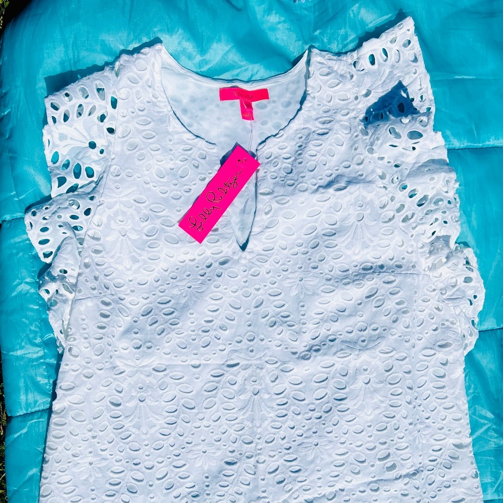 Lilly Pulitzer NWT XL Faun Top Resort White Large Petal Eyelet Blouse